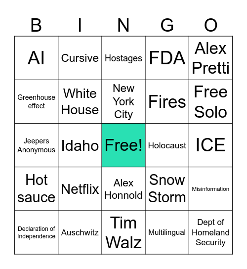 Current Events Bingo 1.30.26 Bingo Card
