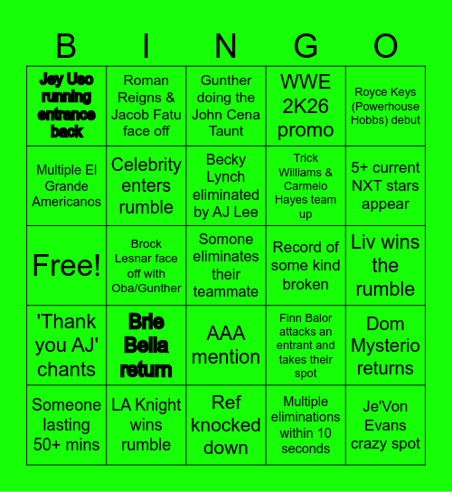 Rumble Bingo Card