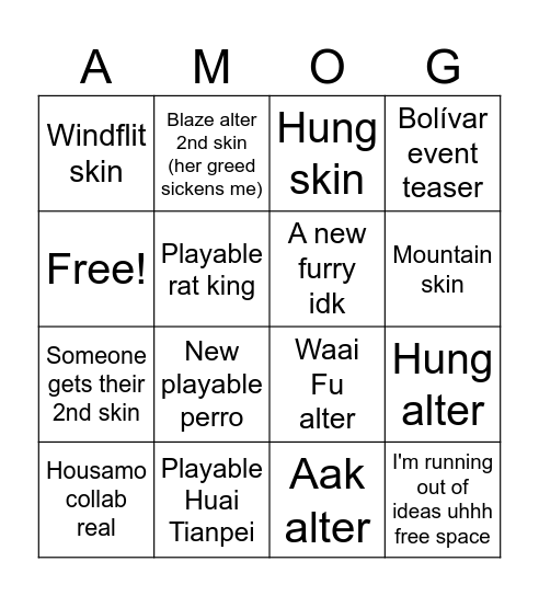 Arknights CNY Predictions Bingo Card