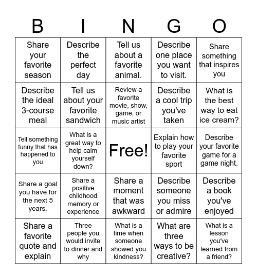 Impromptu Speaking BINGO Card
