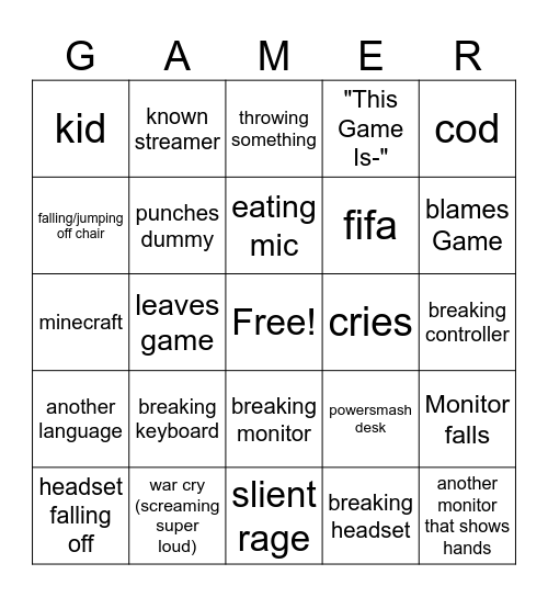 Gamer Rage Bingo Card