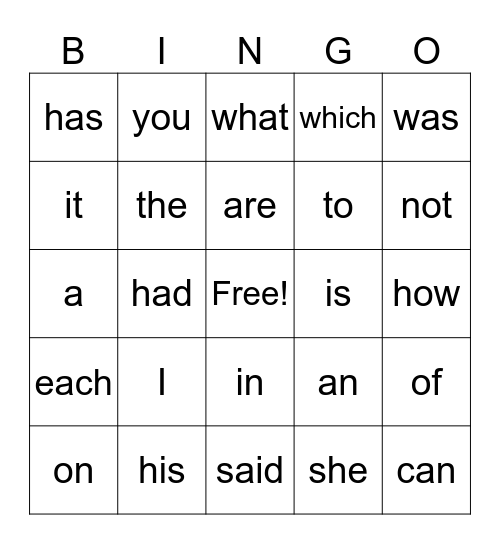 Sight Word Bingo Card