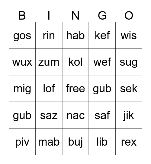 Nonsense Word Bingo Card