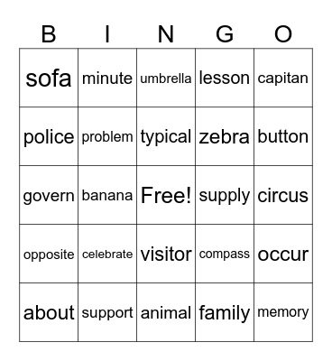 "Schwa" Bingo Card