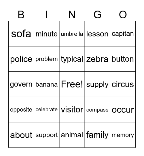 "Schwa" Bingo Card