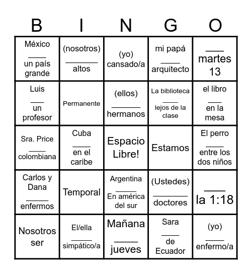 Ser y Estar Conjugation Practice Bingo Card