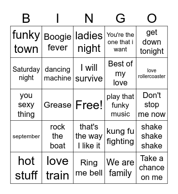 70's Dance Party Bingo Card