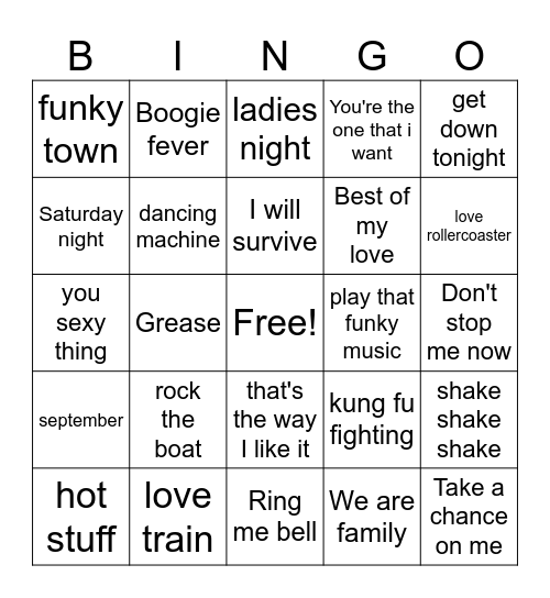 70's Dance Party Bingo Card