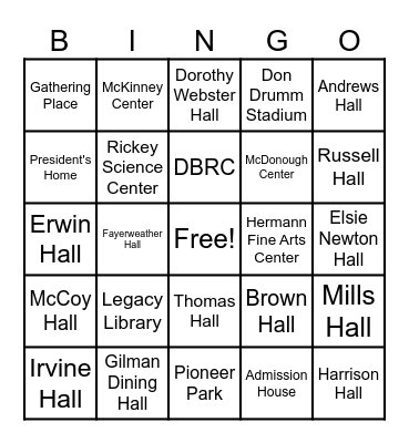 Campus Tour Bingo Card
