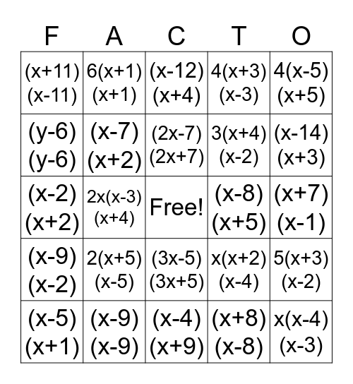Factoring Bingo Card