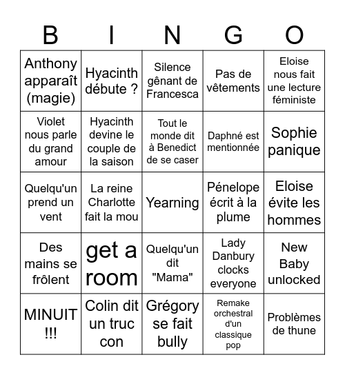 Bridgerton Bingo Card