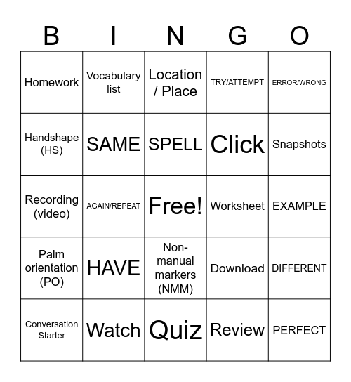 ASL TWA UNIT 1.2 Bingo Card