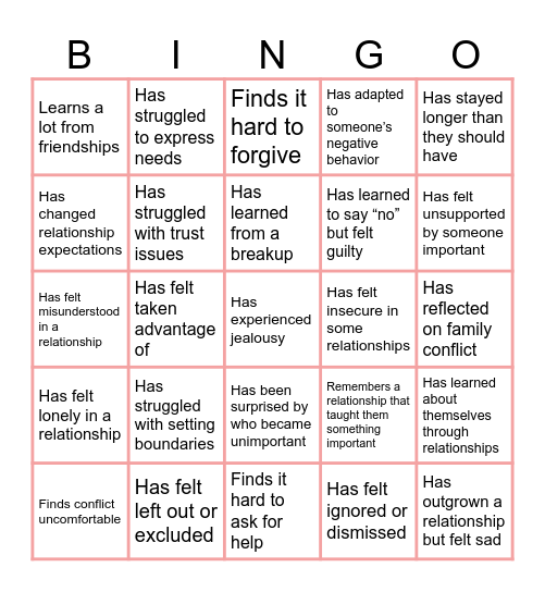 Relationship Bingo Card