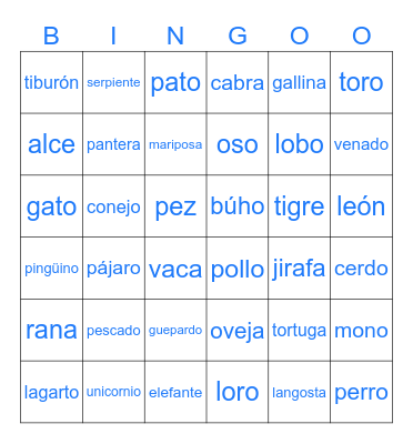 Spanish Animals Bingo Card