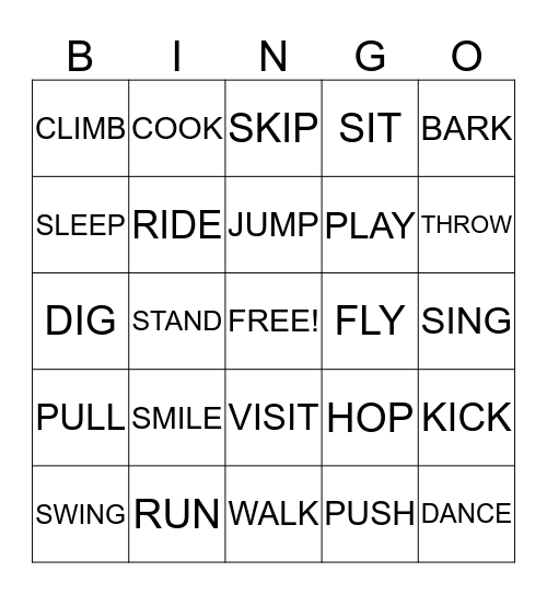 ACTION VERB BINGO Card