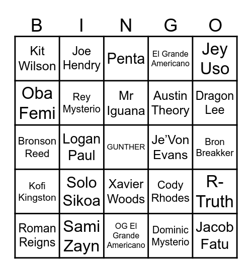 Men's Royal Rumble Bingo Card