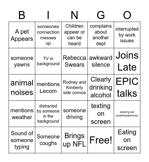 Webex Zoom Bingo Card