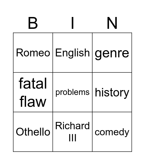 Shakespeare Bingo Card