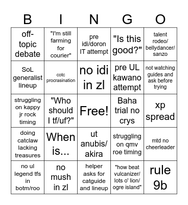 Help Channel Bingo Card
