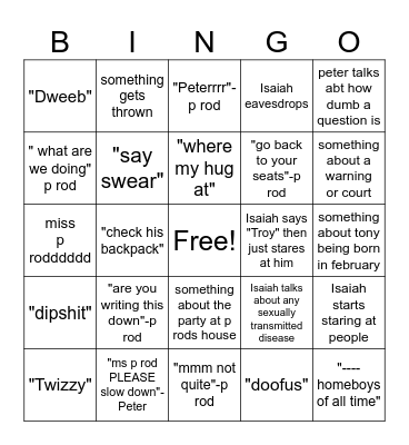 P-rods class Bingo Card