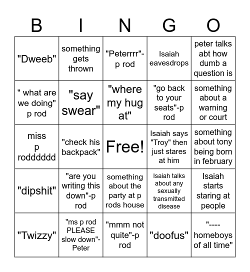 P-rods class Bingo Card