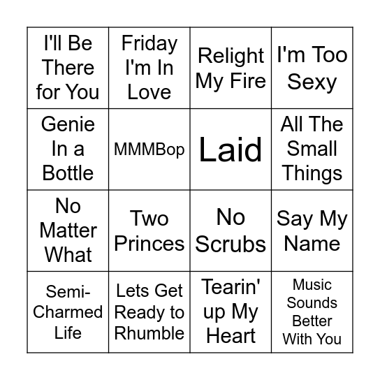 90s Bingo Round 1 Bingo Card