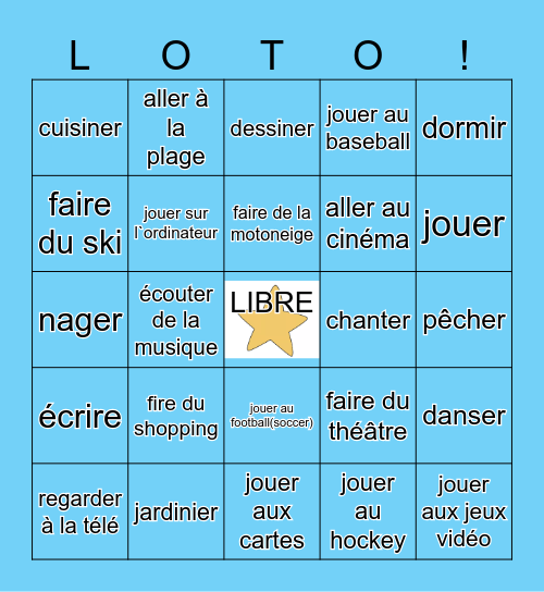 Les passe-temps (les mots) Bingo Card