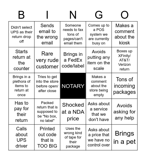 UPS Bingo Card