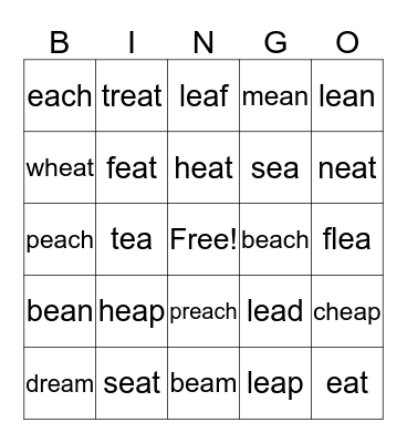 Words with ee ea Bingo Card