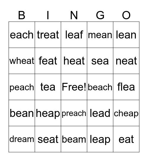 Words with ee ea Bingo Card