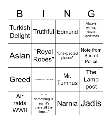 The Lion, the Witch, and the Wardrobe Bingo Card