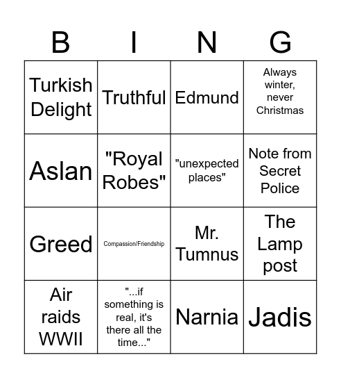 The Lion, the Witch, and the Wardrobe Bingo Card