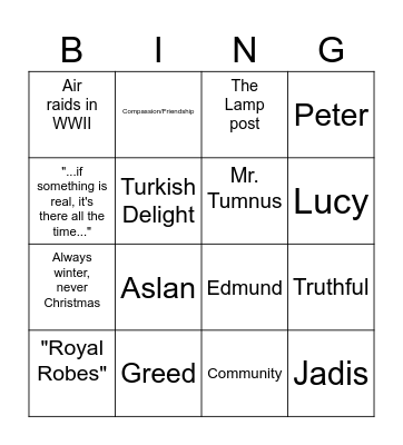 The Lion, the Witch, and the Wardrobe Bingo Card