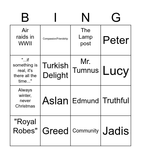 The Lion, the Witch, and the Wardrobe Bingo Card