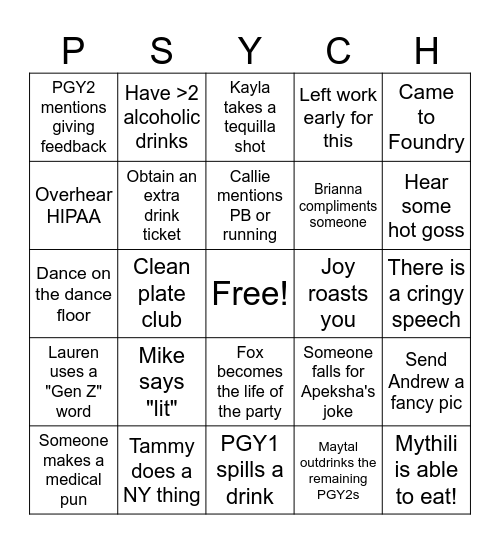 IOL Holiday Party Bingo Card