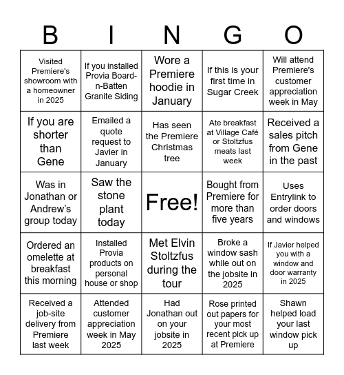 Premier Building Bingo Card