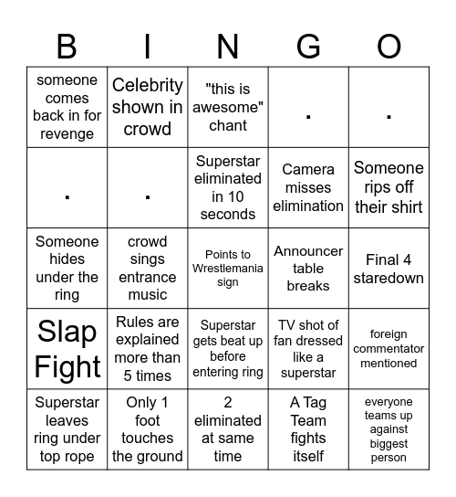 Mens Royal Rumble BINGO Card