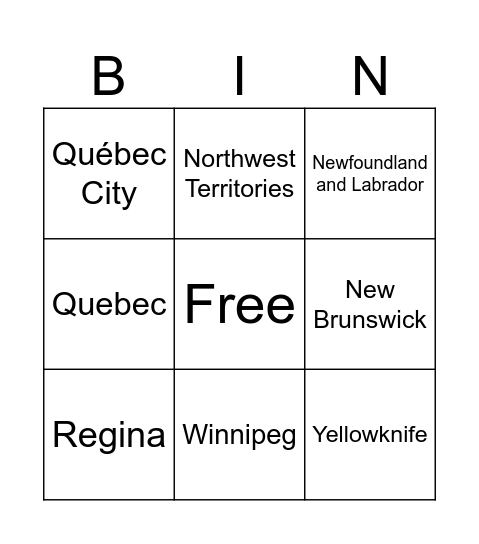 Canadian Provinces and Capitals Bingo Card