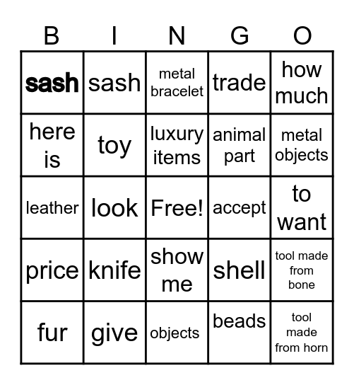 Fur Trading Bingo Card