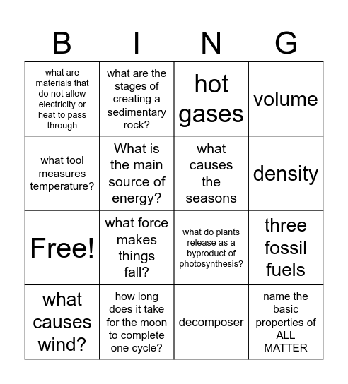 STAAR QUEST Bingo Card