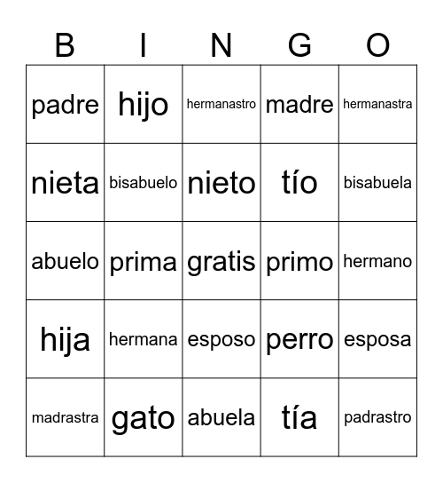 Spanish Family Bingo Card