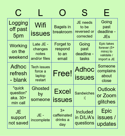 Month End Close Chaos Bingo Card