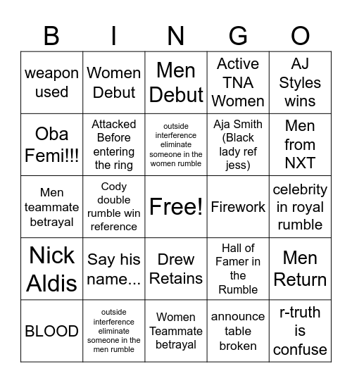 Royal Rumble Bingo Card