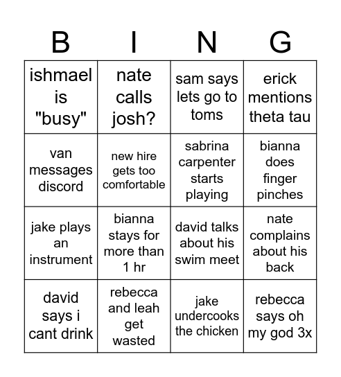 ets wine and pasta night Bingo Card