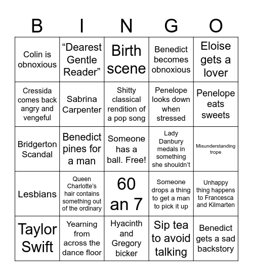 Bridgerton night Bingo Card