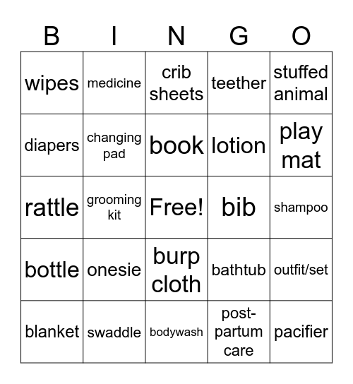 Baby Shower Bingo Card