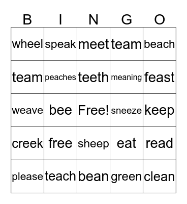 Words with ee ea Bingo Card