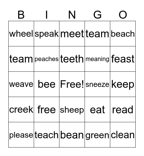 Words with ee ea Bingo Card