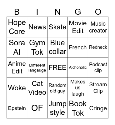 Tik Tok Bingo Card