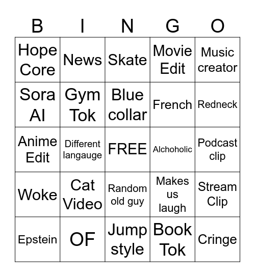 Tik Tok Bingo Card